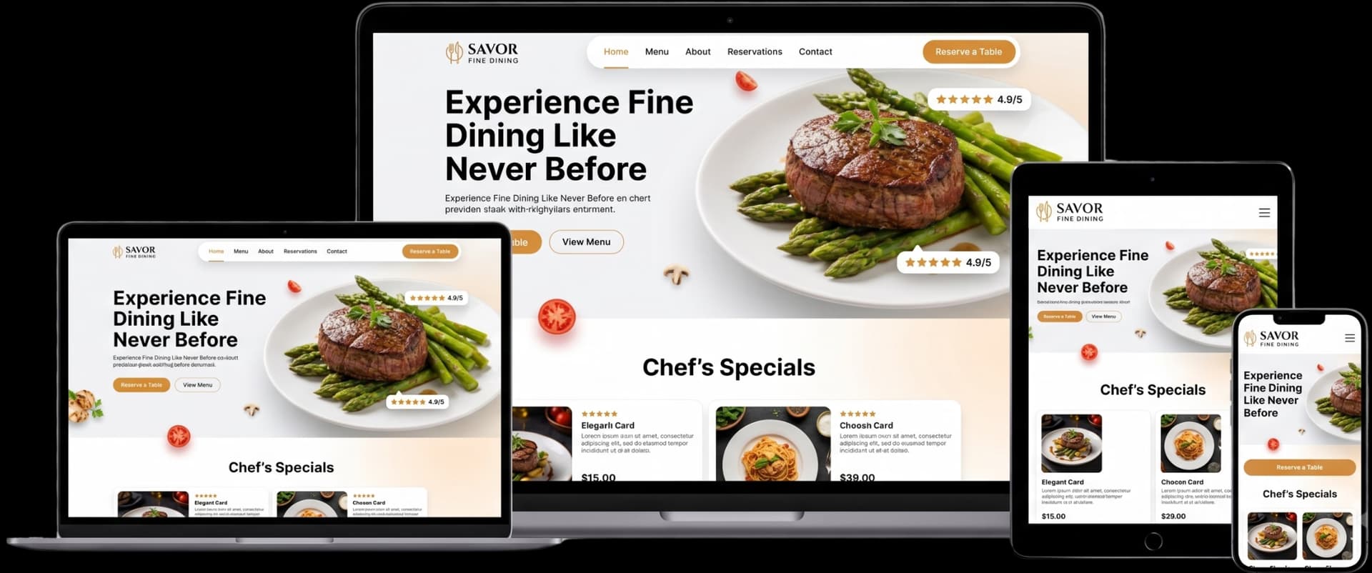 Device showcase featuring MhStudio website mockups on laptop, tablet, and phone.