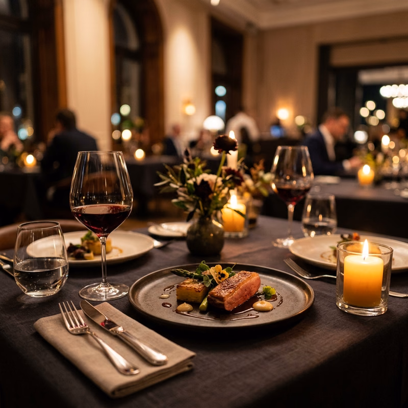 Elegant restaurant table with plated dishes and warm ambient lighting.